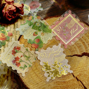 Botanical Flowers Washi Sticker Flake BGM Red, Strawberry, Floral, Gold Foil Accent (Washi Tape Material)