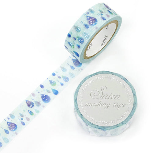 Raindrops Washi Tape Blue Rain Drops Saien Masking Tape Silver Foil Ombre Rainy Day Droplets