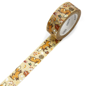 Fall Fox Washi Tape Leaves Acorn Beige Tan Silver Foil Accent Saien Kamiiso Sansyo