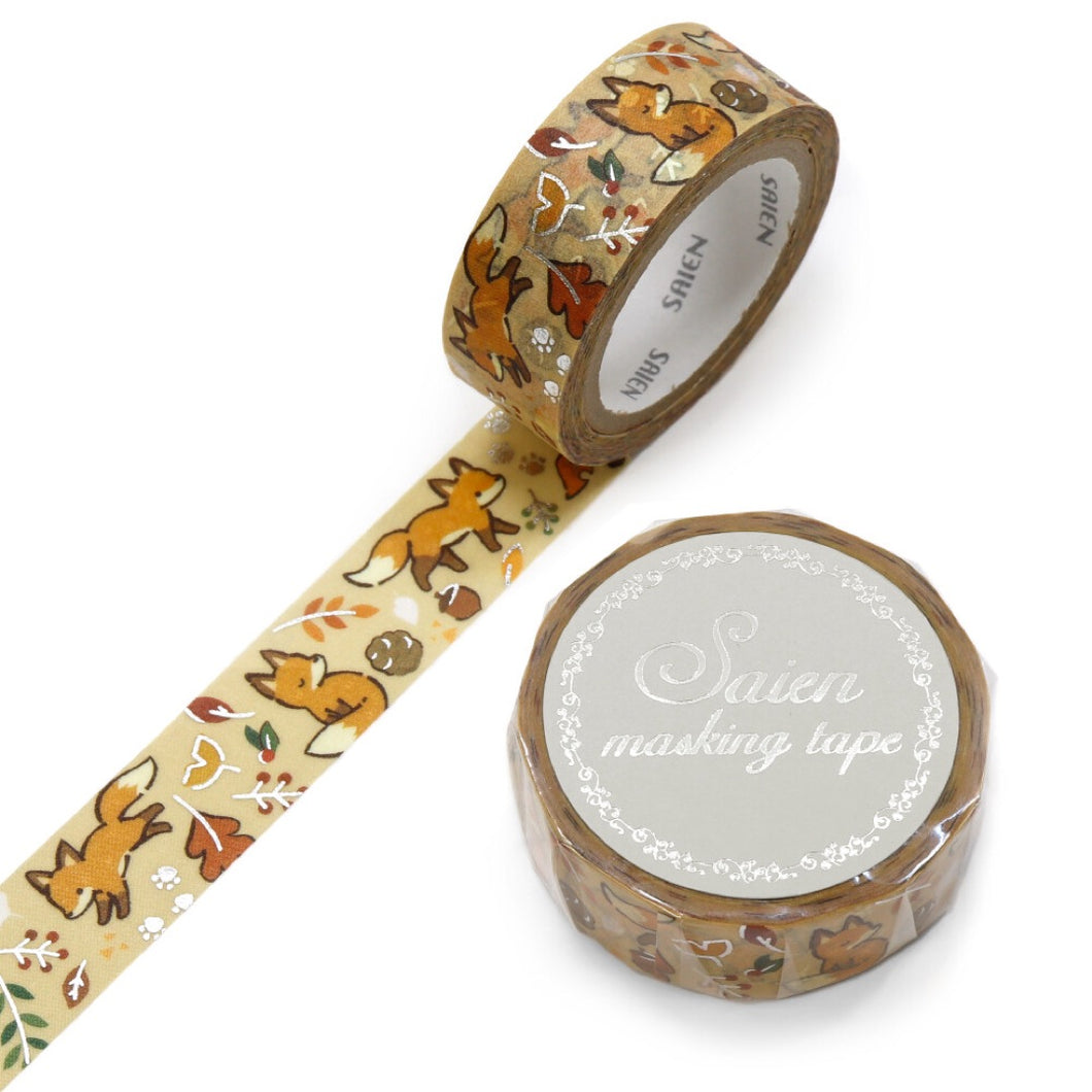 Fall Fox Washi Tape Leaves Acorn Beige Tan Silver Foil Accent Saien Kamiiso Sansyo