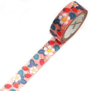 Strawberry Washi Tape Strawberries Flowers Pink, Red, Green, Saien Kamiiso Sansyo Japanese