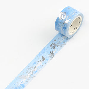 Blue Floral Washi Tape - Silver Foil Nature Washi Masking Elegance in Blue
